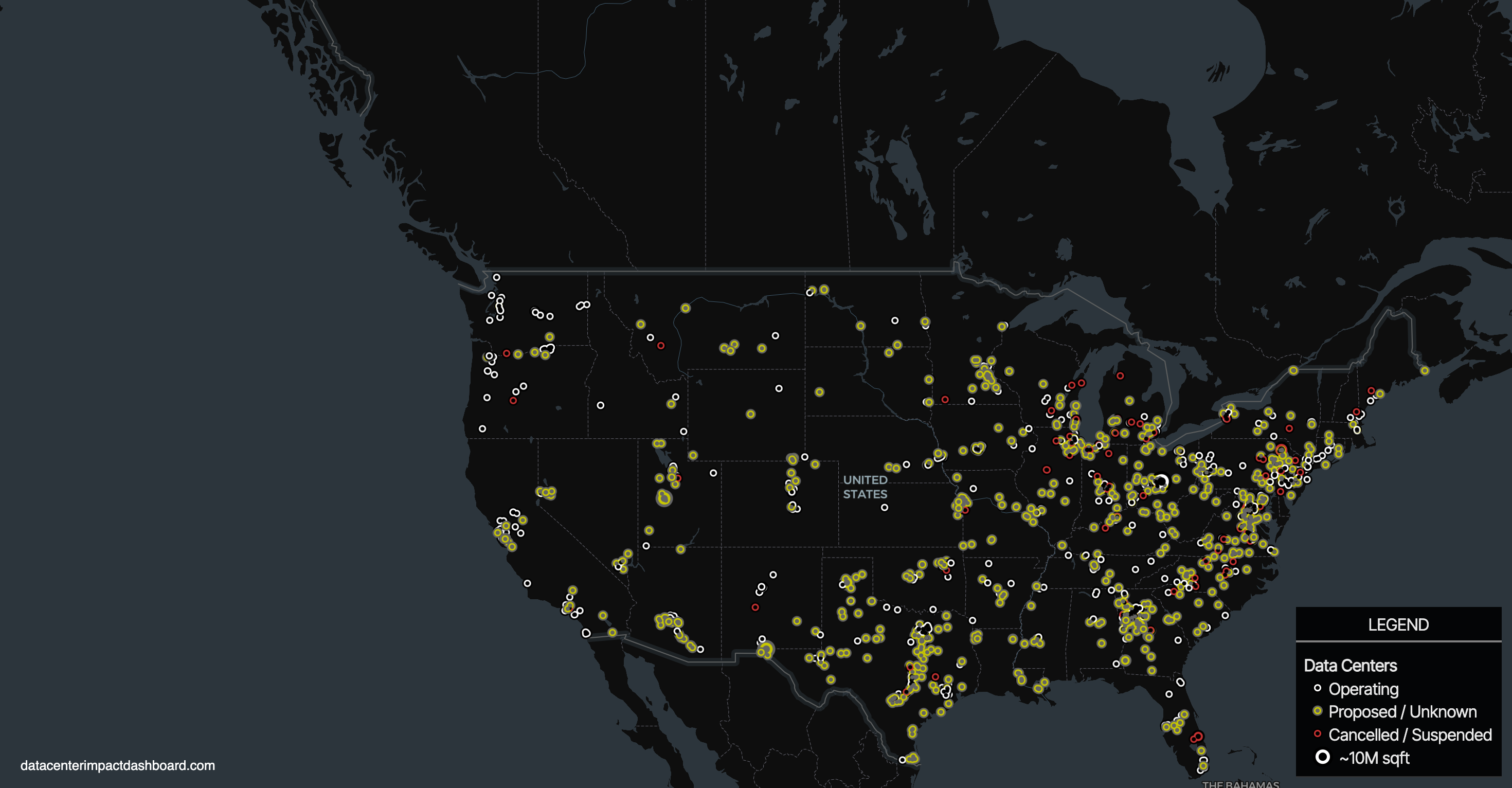 United States map showing operating, proposed, and cancelled data centers