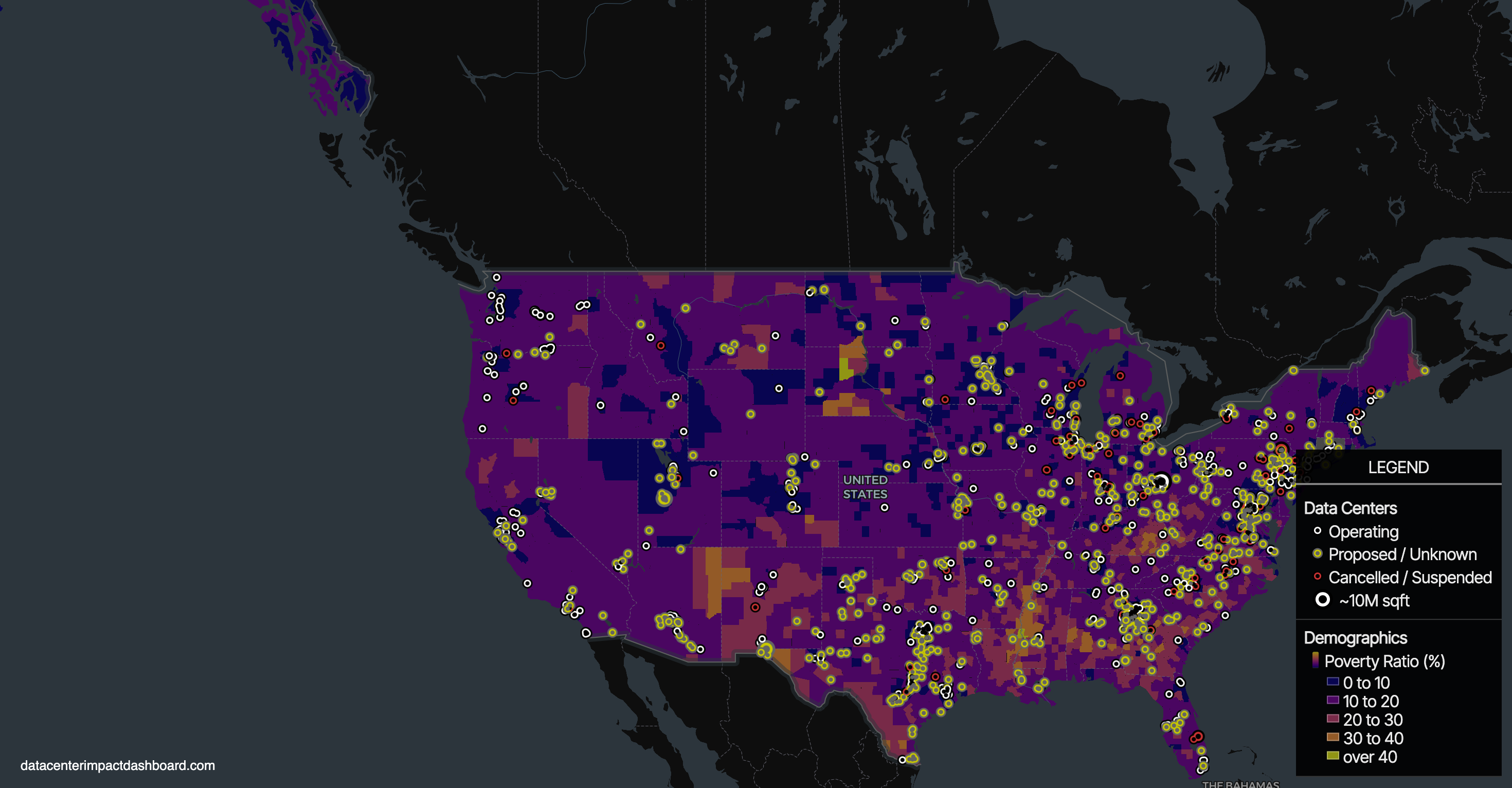 United States map with data centers and poverty ratio overlay