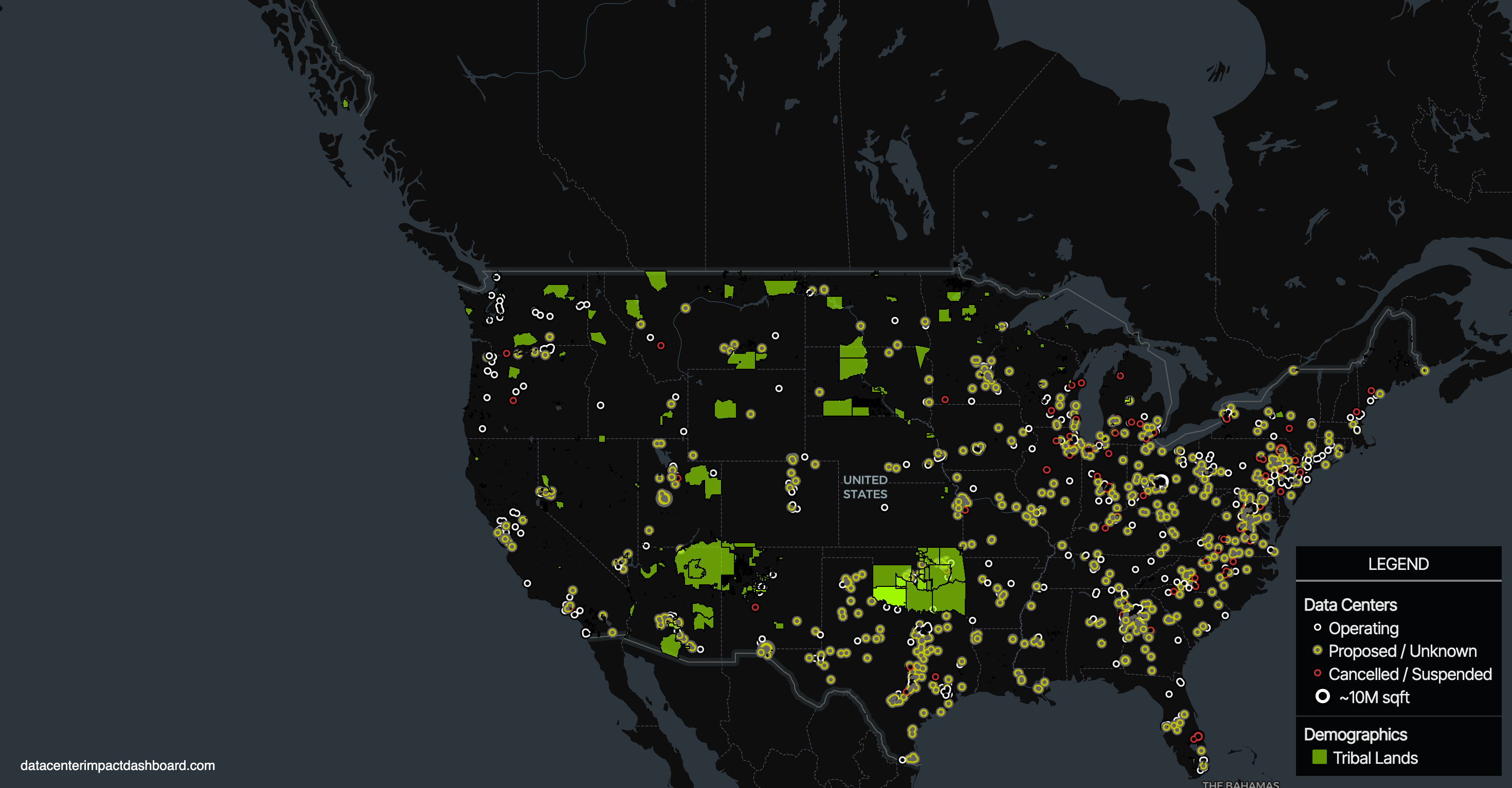 United States map with data centers and tribal lands overlay