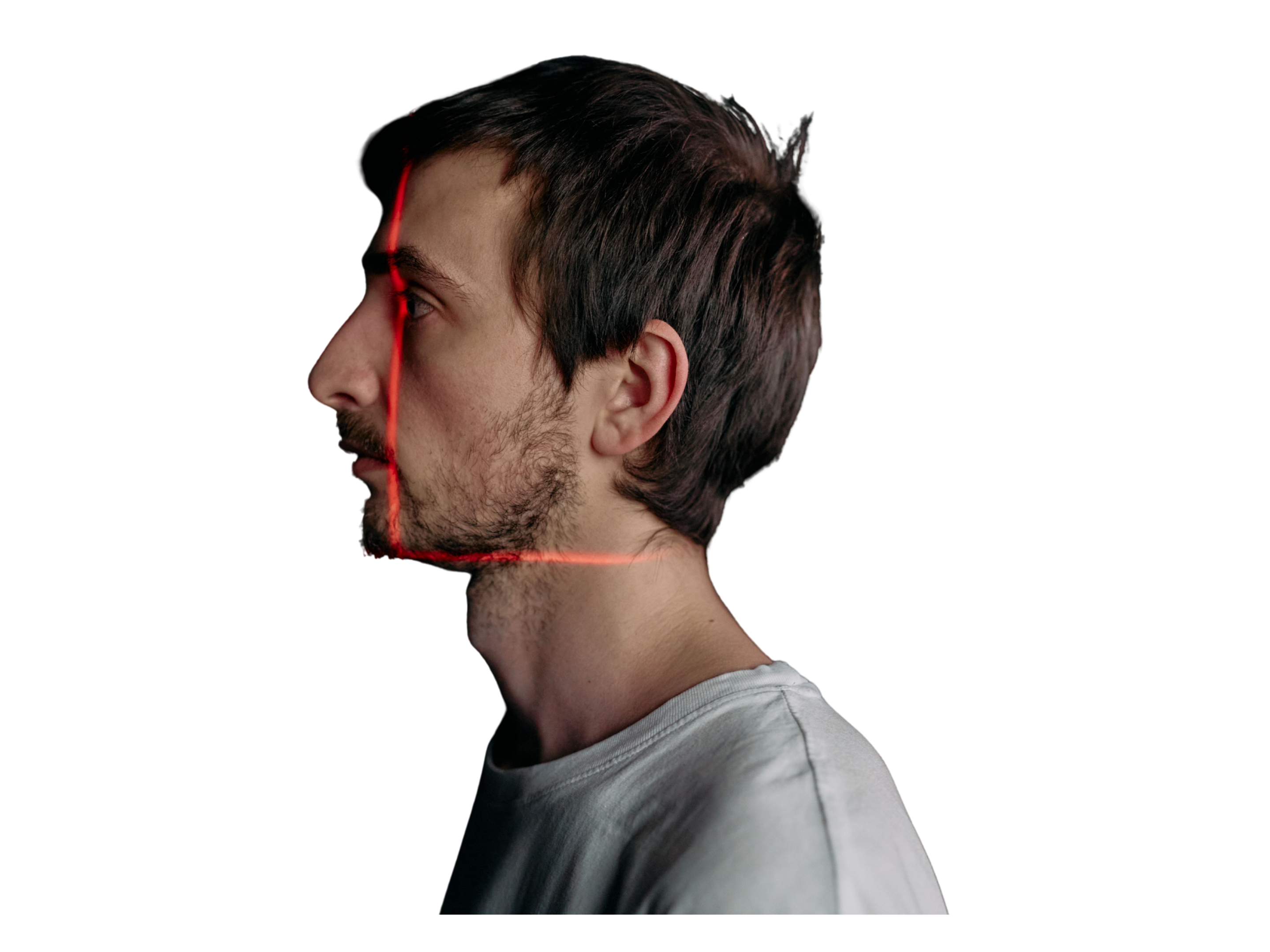 Person with face-detection lines projected on their face