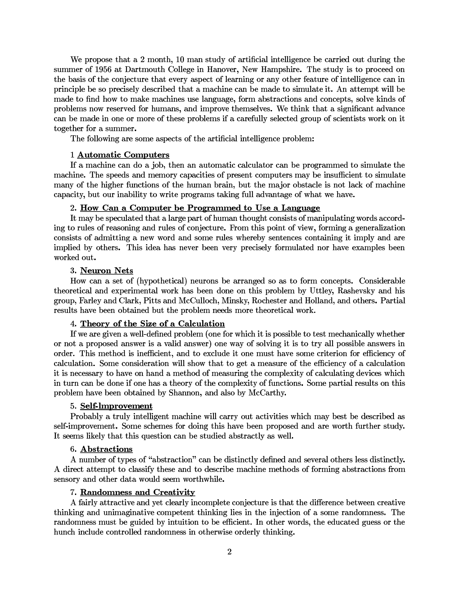 Dartmouth proposal, page 2 — the conjecture, language, and randomness sections