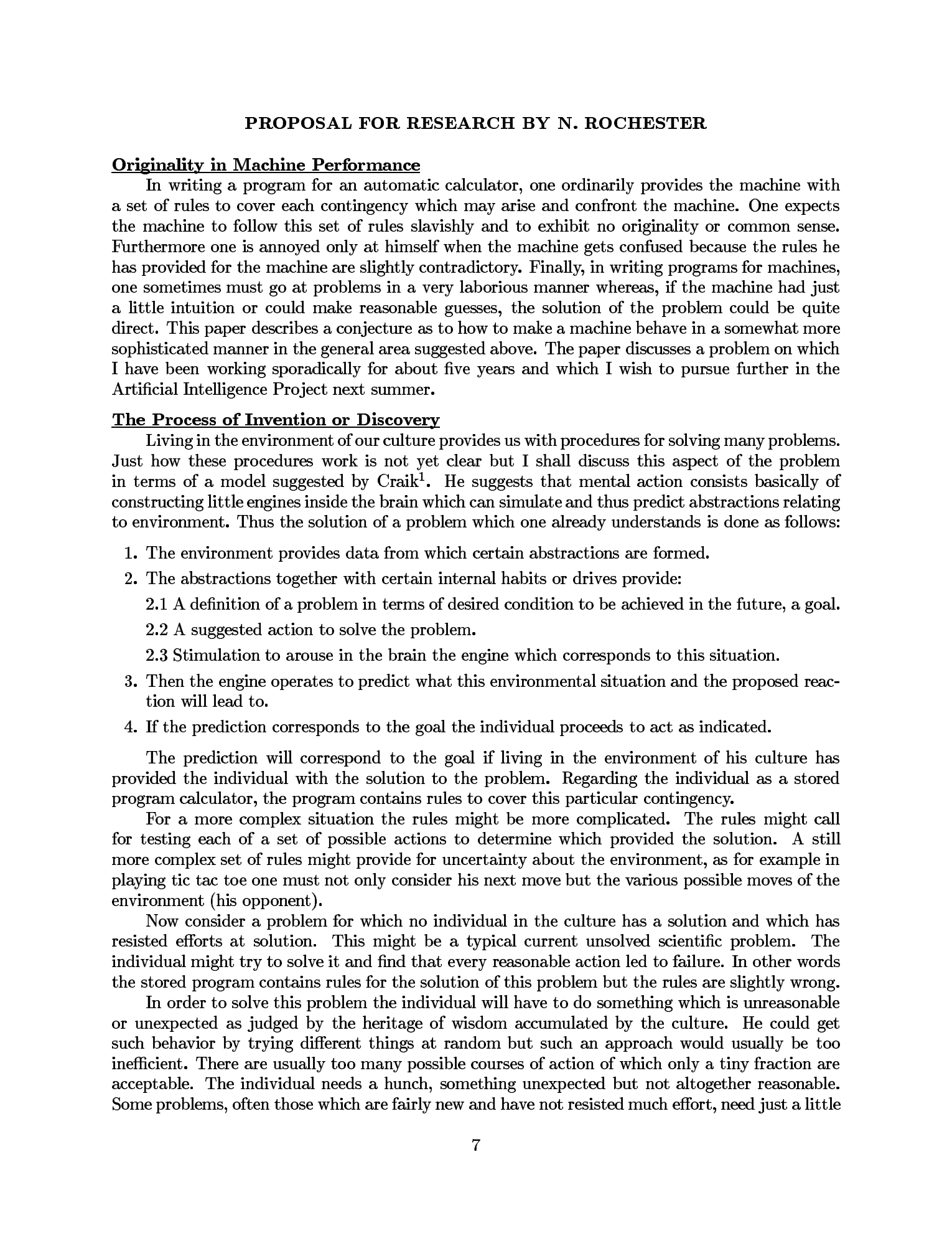 Dartmouth proposal, page 7 — Rochester's Originality in Machine Performance