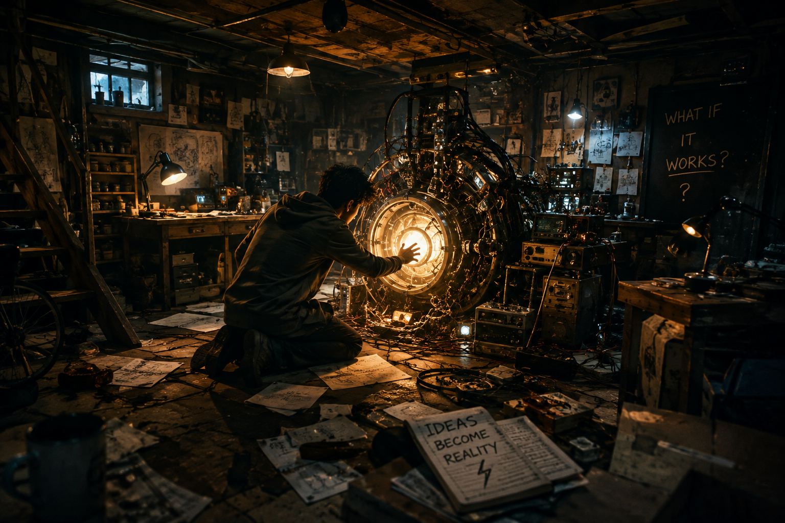 Young inventor reaching toward a glowing machine in a cluttered workshop