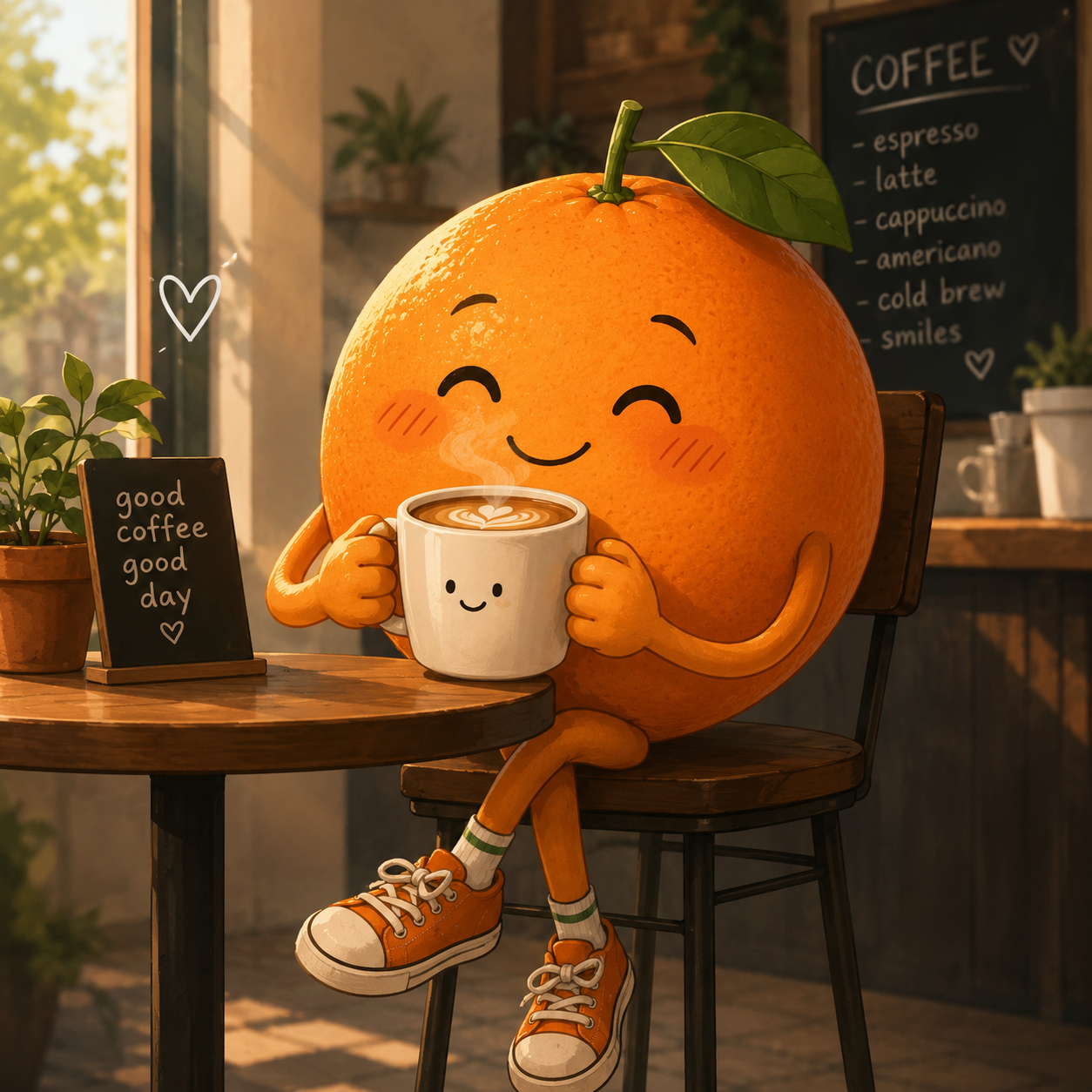 Anthropomorphic orange sitting in a cafe with a latte