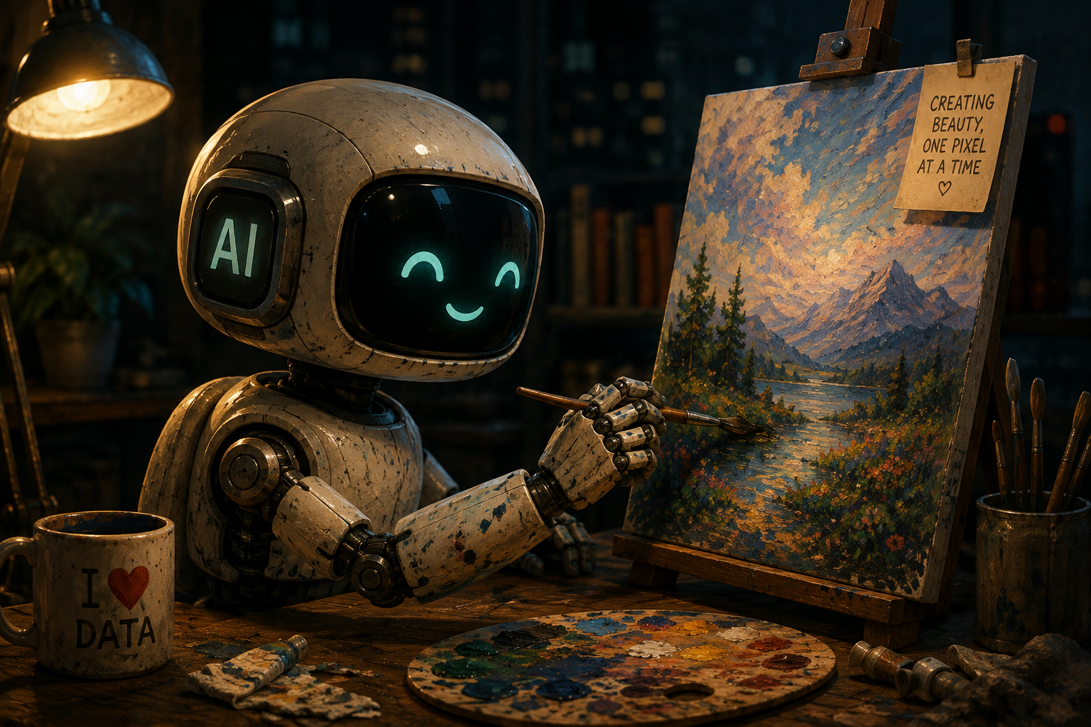 Small AI robot painting a landscape in an artist studio