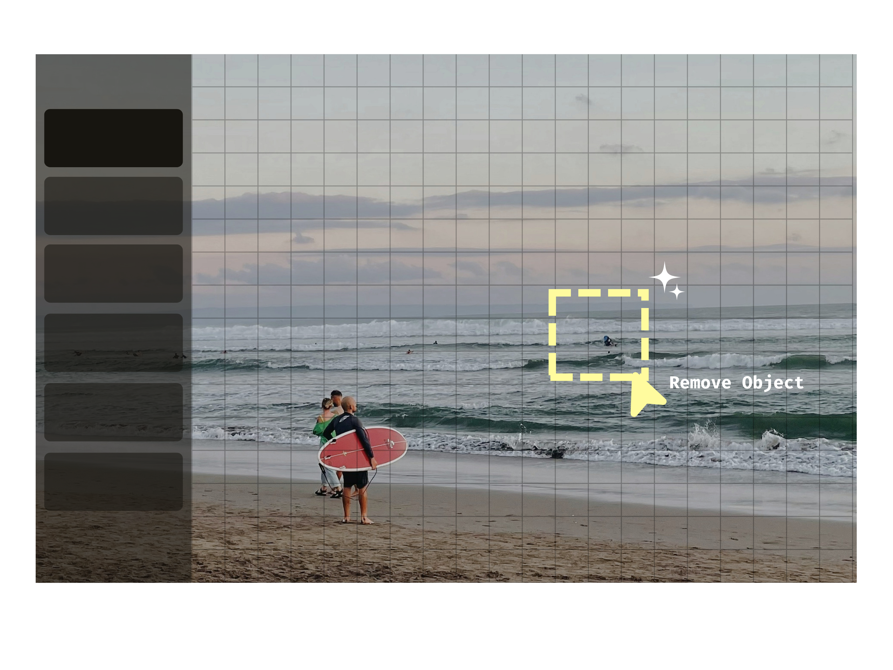 Photo editor selecting a surfer in the waves with a Remove Object tool