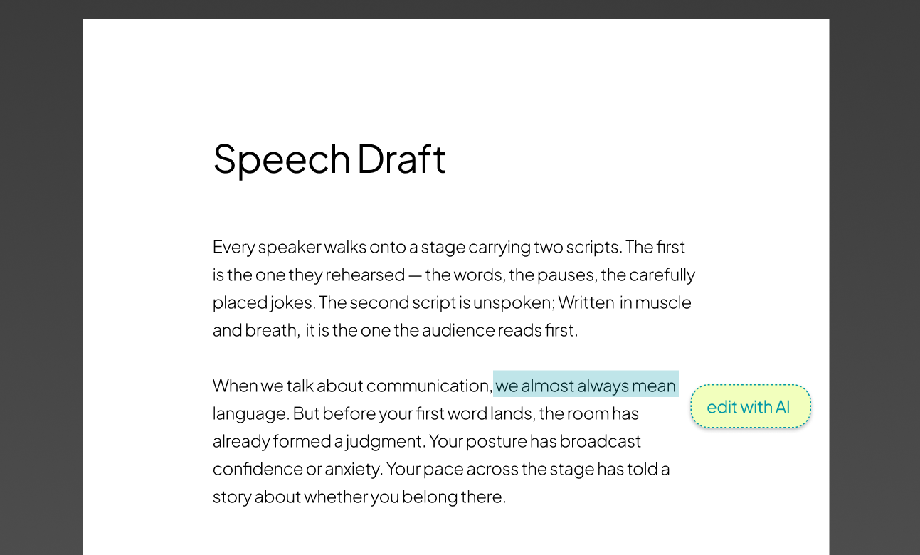 Speech draft document with selected text and an edit with AI button